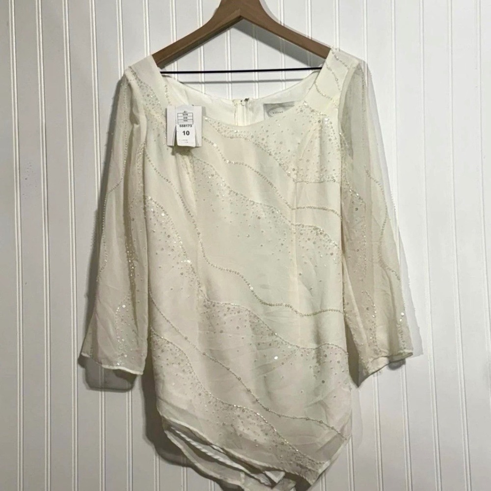 NWT Vintage Alfred Angelo Ivory Beaded Fairy Y2K Sheer Sleeve Asymmetric‎ Top 10